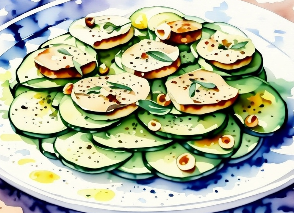 Carpaccio de courgettes, Foie gras & noisettes